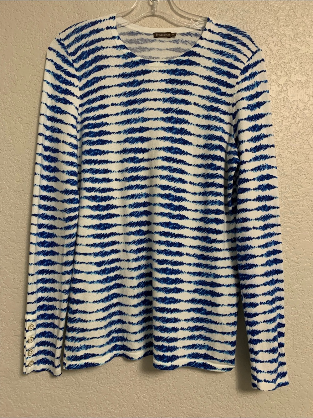 J McLaughlin Sweater Womens M Abstract Print Preppy Coastal Button Cuff
